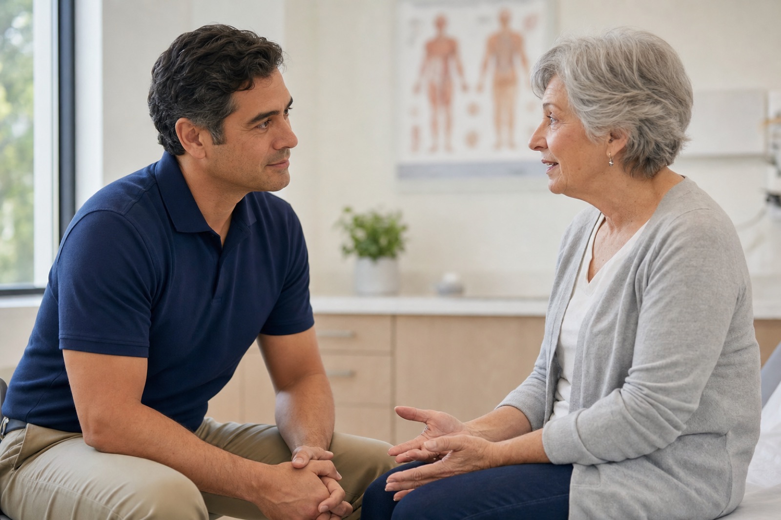 A Bluetail physician sitting at eye level with a patient in an exam room, listening