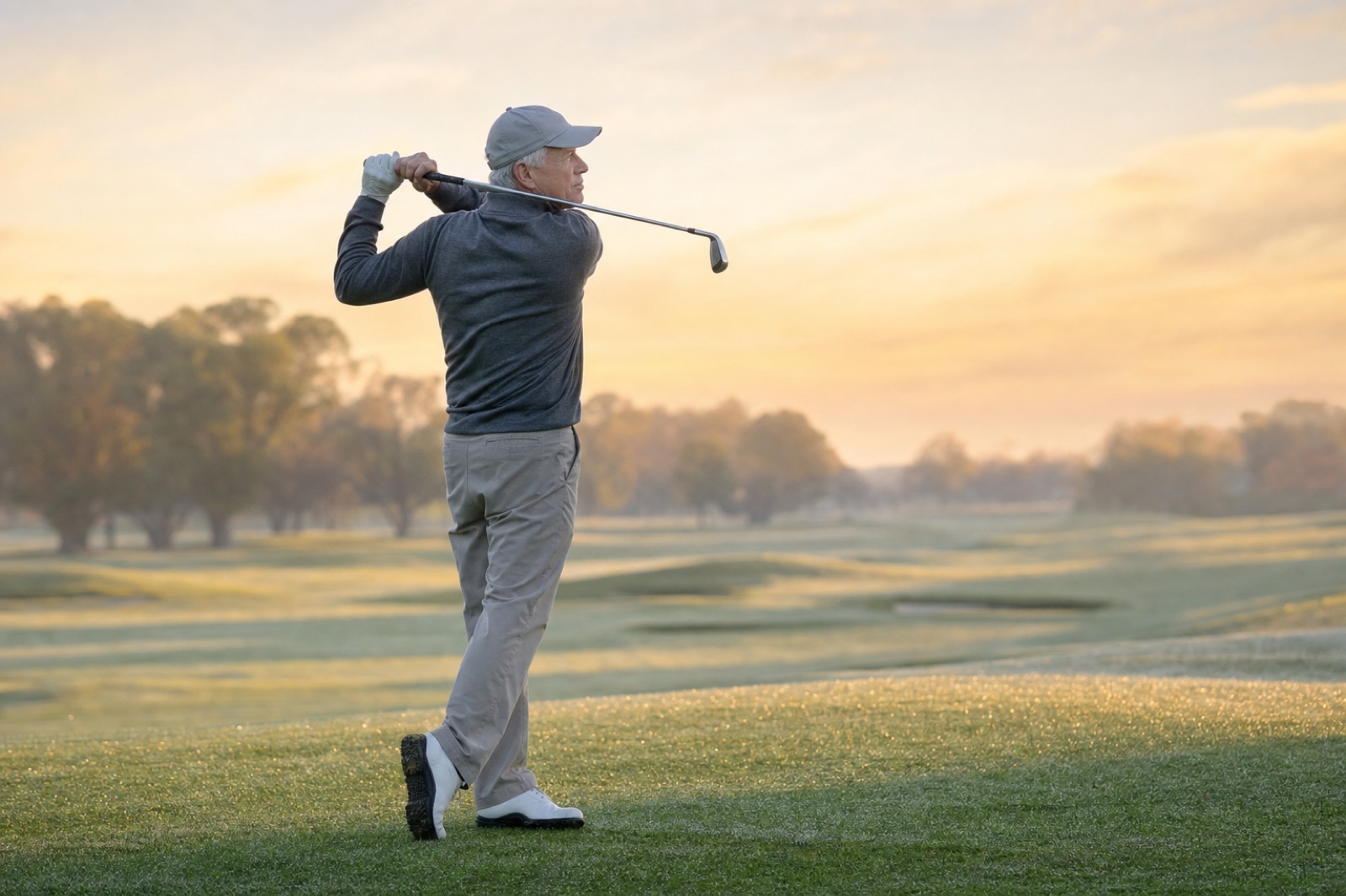 An older golfer holding his follow-through on a fairway at sunrise