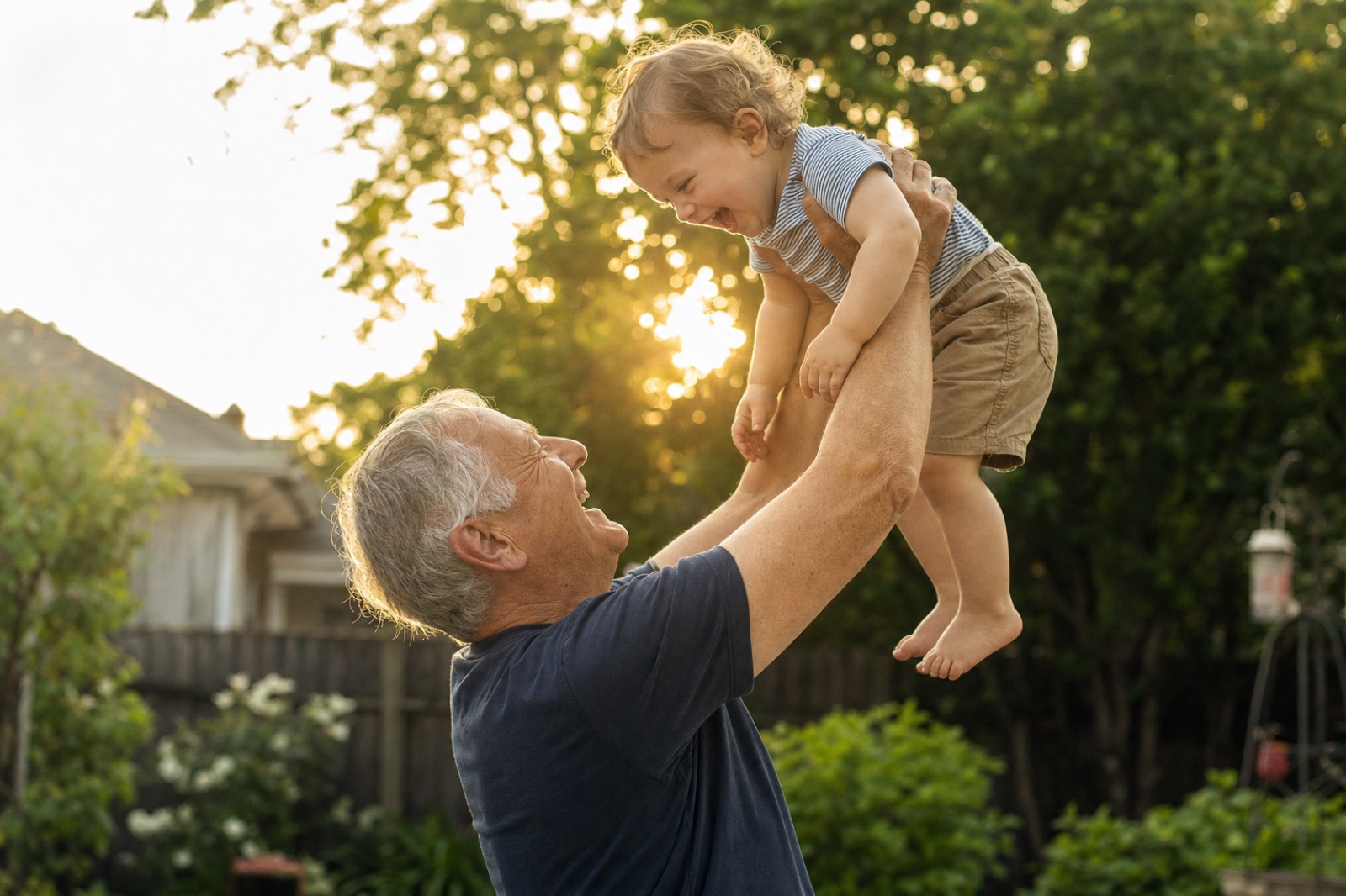 A grandfather lifting his laughing grandchild overhead in a backyard at golden hour