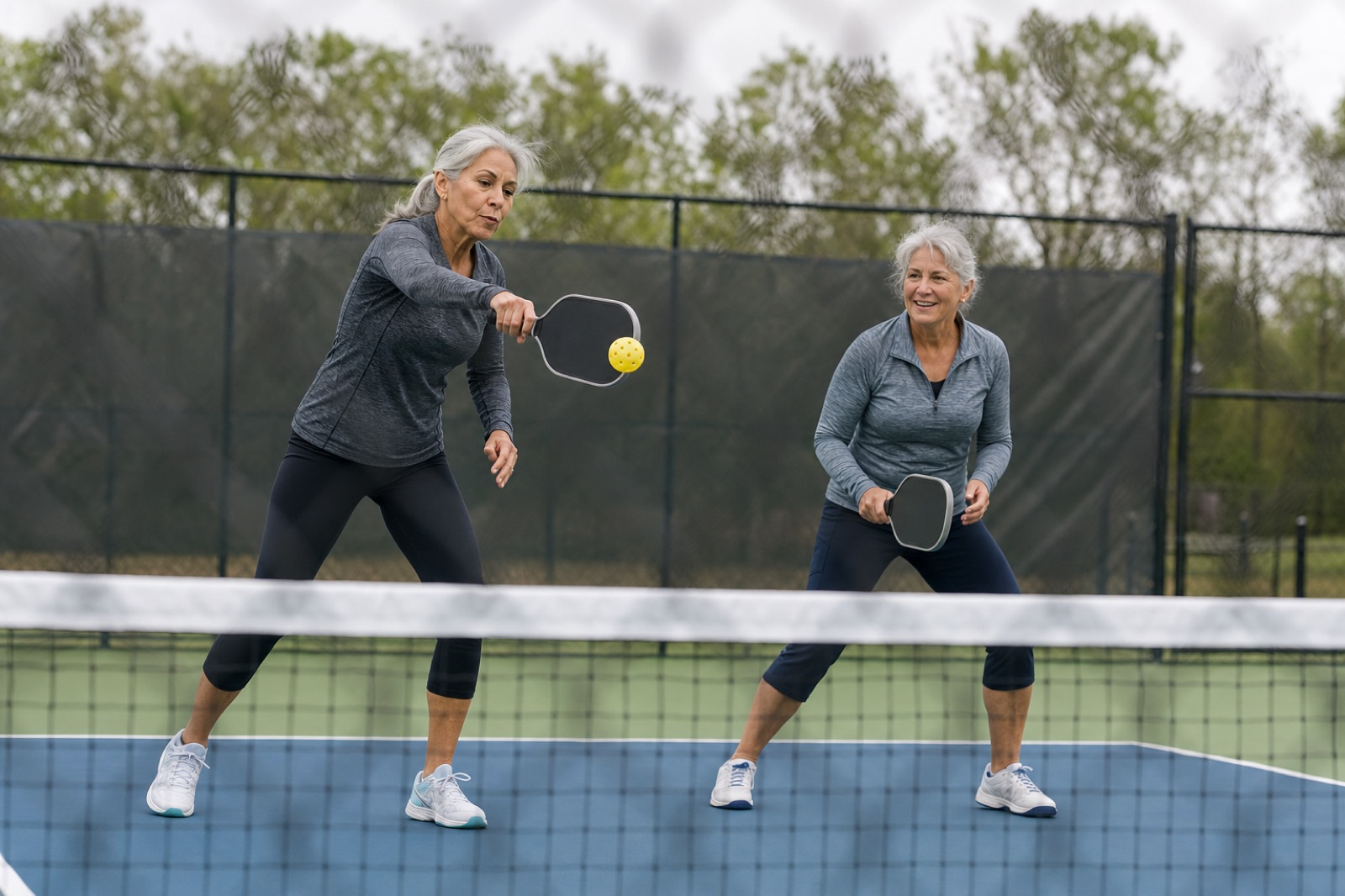 Two women playing doubles pickleball at the net on an outdoor court