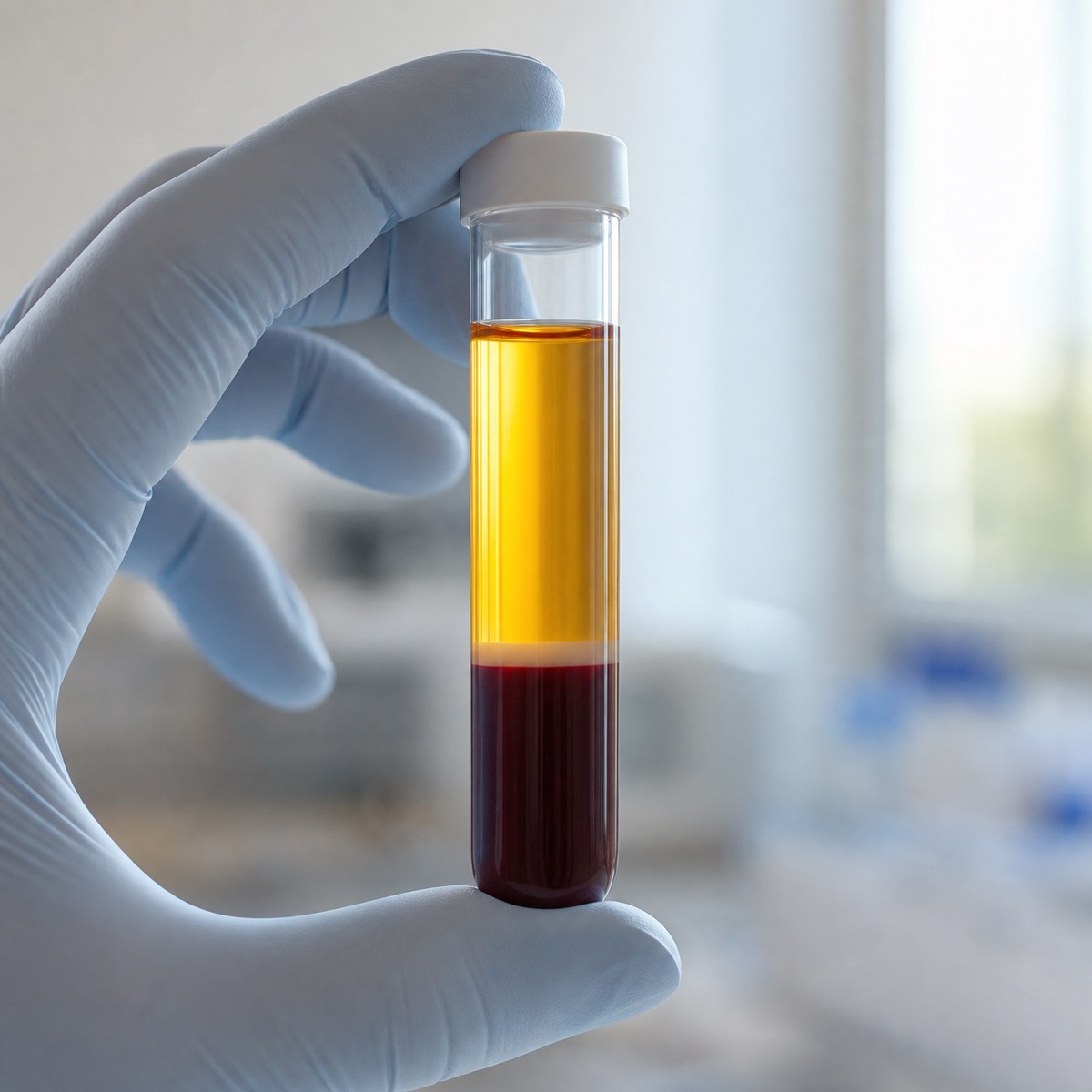 A centrifuged vial of platelet-rich plasma with a distinct golden layer, held in a gloved hand