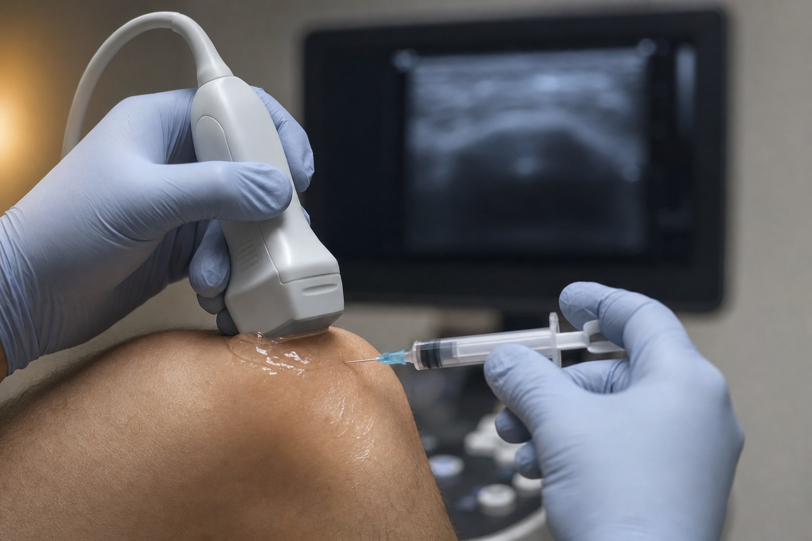 Gloved hands guiding an ultrasound probe over a patient's knee while steadying a syringe